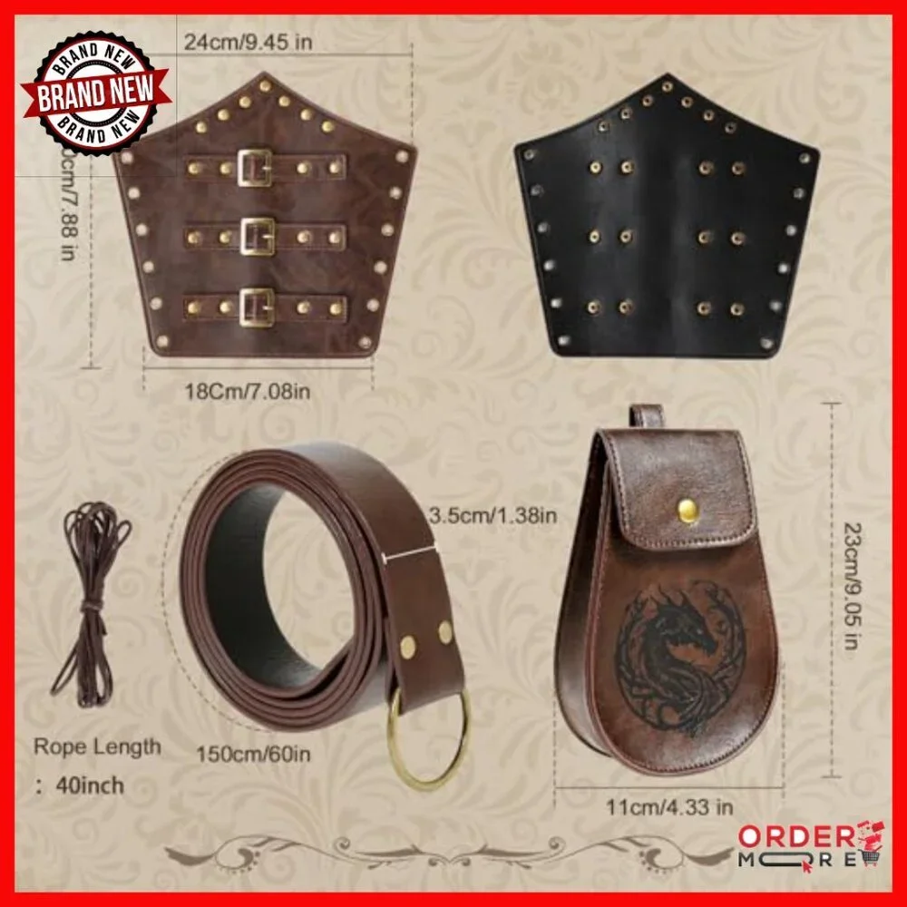 Adjustable Faux Leather Viking Belt Set with Pouch & Bracers